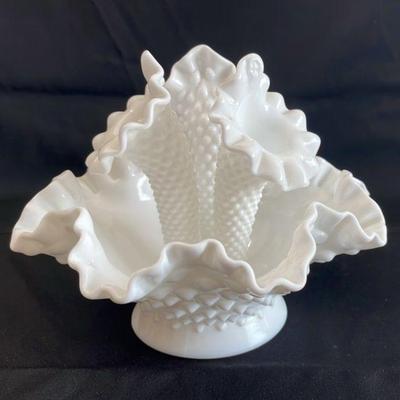 Fenton Hobnail Epergne Milk Glass Three Horns Ruffled Edge * Bud Vase Bowl
