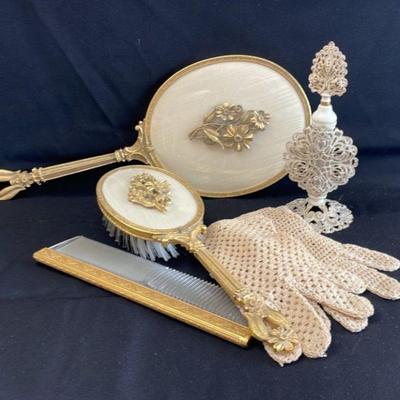 Vintage Dresser Set * Mirror * Brush * Comb * Perfume Bottle * Lacy Gloves
