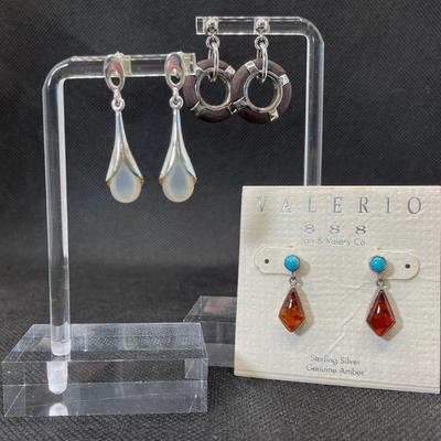 Sterling Silver Pierced Earrings * Pearly Bead * Amber * Wood Like
