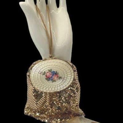 Vintage Evans Gold Lame’ Evening Bag/Compact * Vintage American Elgin Compact
