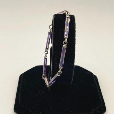 925 Italy Sterling Silver * Slim Purple Faceted Glass * Ladies Bracelet * 6.5”
