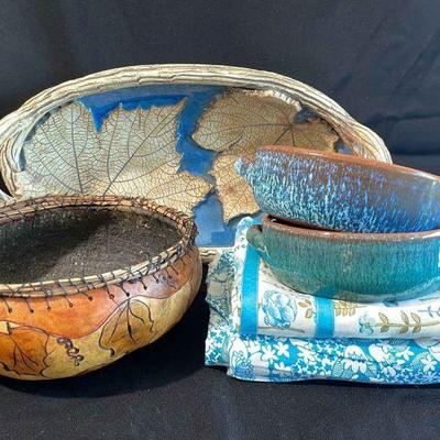 Handmade Ceramic Decorative Leaf Basket * Signed Thin Wood Leaf Basket * Aprons * Crockery Bowls
