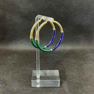 14K Yellow Gold * Blue / Green Enamel Hoop Earrings
