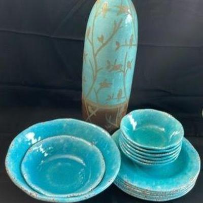 Pier One Turquoise Melamine Dish Set * Pier One Tall Turquoise Color Bird Vase
