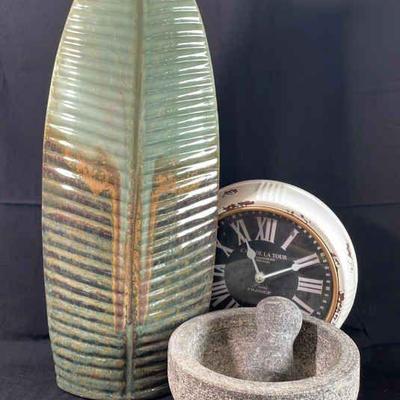 Ceramic Large Leaf Vase * Mortar & Pestle * Rustic Look Wall Clock
