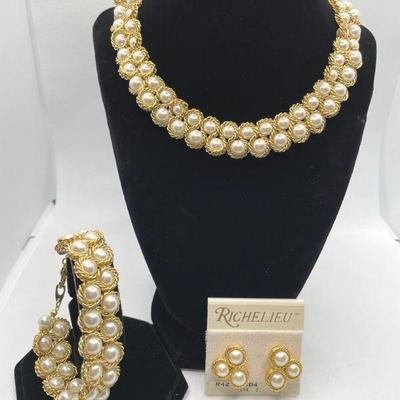 Richelieu 14K Gold Filled Pearly Beaded Necklace * Pierced Earrings * Bracelet Set
