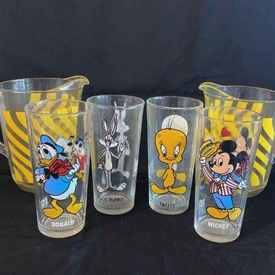 Vintage Yellow Design Glass Pitchers * Disney Productions Tall Water Glasses
