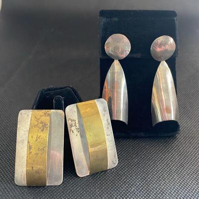 Mexico 925 Sterling Silver Pierced Earrings * Large Modern Design
