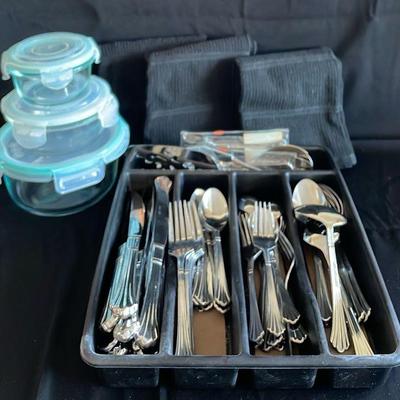 Nice Silverware Set With Several Serving Utensils * Snapware Containers * New Dish towels
