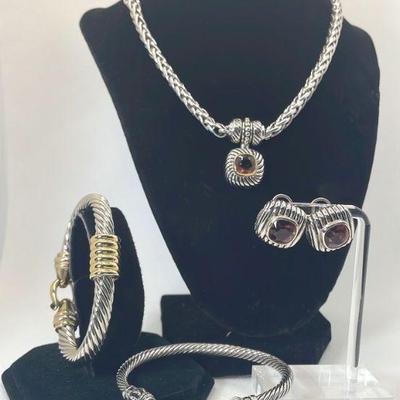 Silver Toned Braided Metal * Amethyst Color Glass Pendant Necklace * Earrings * Bracelets Set
