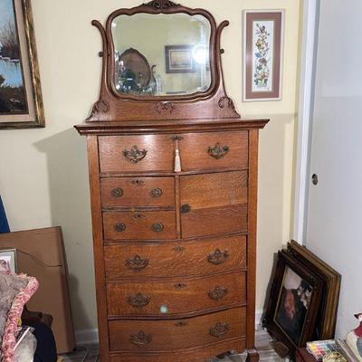 Antique High Boy With Locking Drawers, Key & Beveled Mirror
