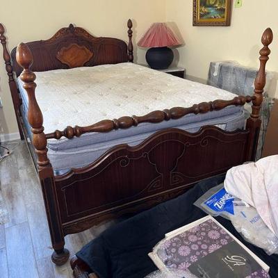 Antique Queen Bed Headboard, Footboard & Metal Rails
