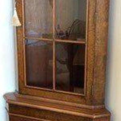 Antique Corner Glass Door Curio with Cabinet Below
