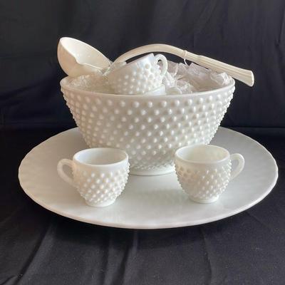 White Hobnail Milk glass Punch bowl * 10 Matching Cups * Platter * Plastic Ladle

