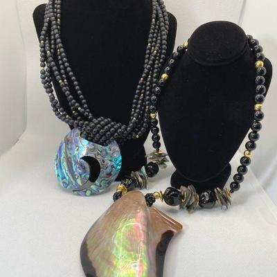 Large Iridescent Shell Pendant Necklaces * Black Beads
