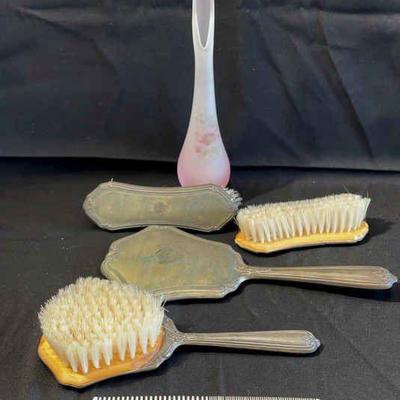 Antique Dresser Set * Mirror * Brushes * Comb * Pink Bud Vase
