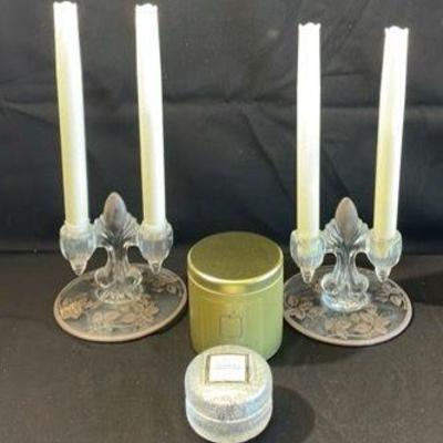 Vintage Rockwell Double Glass * Silver Etching Candelabras * New Candles in Jar/Tin
