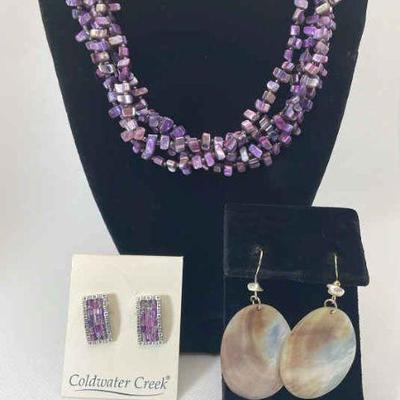 Coldwater Creek Purple Multi Strand Beaded Necklace * Purple Beaded Pierced Earrings * Shells Too

