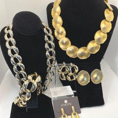 1/20 14K Gold Fill Disk Necklace * Clip On Earrings Set * Silver /Gold Tones Metal Link Set
