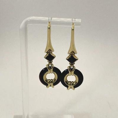 14K Yellow Gold * Black Semi Precious Stone Likely * Pierced Drop Earrings
