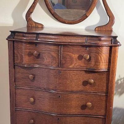 Antique Highboy with Secret Drawer, Key & Beveled Mirror
