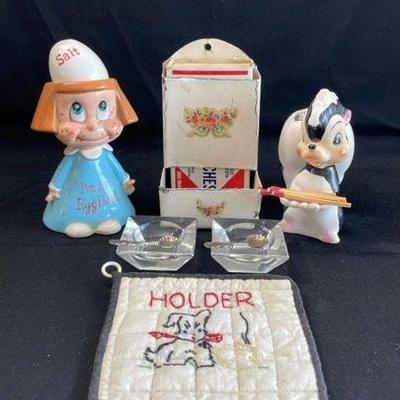 Kreiss Egg Holder Girl/Egg Salt Shaker * Ceramic Skunk Match Stick Holder * Metal Matchbox Holder
