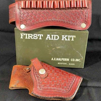 Leather Gun/Bullet Holster * Vintage Metal Boxed First Aid Kit
