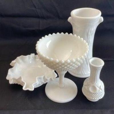 Collection of While Milk Glass * Candy Dish * Tree Trunk Vase * Ruffle Edge Dish
