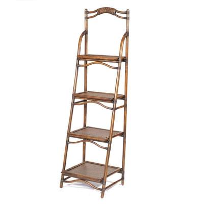 BAMBOO GRADUATED ETAGERE | Having 4 graduated shelves with woven bamboo and cane. - l. 20 x w. 18.5 x h. 72 in

