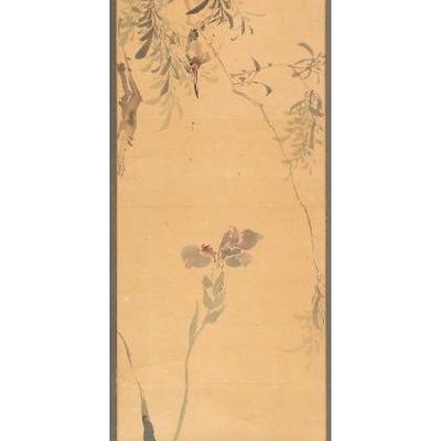 SCROLL PAINTING | Ink on paper. Showing a bird perched on a branch above a purple flower. h. 46.5 x 10.75 in. sight - w. 16 x h. 68 in...