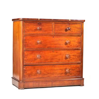 ANTIQUE HARDWOOD CHEST OF DRAWERS | Having 2 drawers over 3 full-width drawers with turned pulls. - l. 47.75 x w. 20.5 x h. 46.25 in


