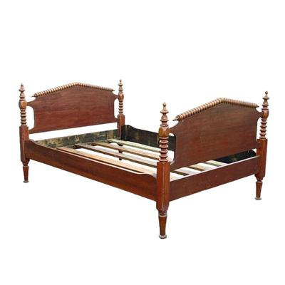 ANTIQUE CARVED WOODEN BED FRAME | Inside frame L=74 in W = 48-1/2 - l. 78 x w. 53-1/2 x h. 40-1/2 in

