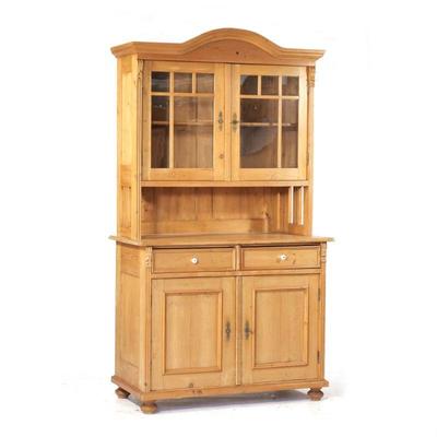 ANTIQUE GLAZED PINE HUTCH | 2 pieces, bottom piece: 2 split-width drawers over 2-door cabinet; fantastic color and condition. - l. 45 x...
