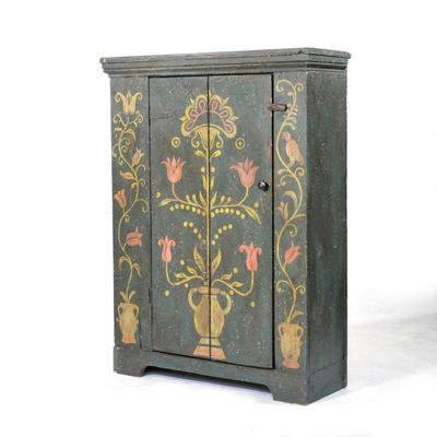 SCANDINAVIAN PAINT DECORATED CABINET | Solid wood construction, paint decorated with colorful flowers and birds perched on vines. - l....