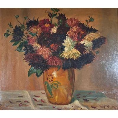PAUL HAIN (20TH CENTURY) | Still life with flowers. Signed lower right. Oil on board Sight. h. 23.5 x 27.25 in. - w. 34.25 x h. 30.5 in...