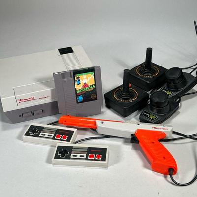 EARLY NES GAME SYSTEM | Nintendo Entertainment System console with two controllers, Zap gun, and NES Sports Series Baseball game...