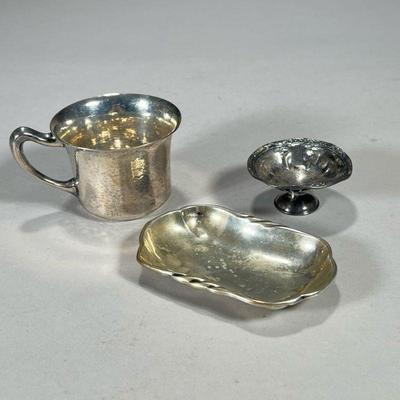 (3PC) STERLING SILVER ITEMS | Including a hammered child’s cup with makers mark, a small footed dish, and a rectangular 800 silver dish...