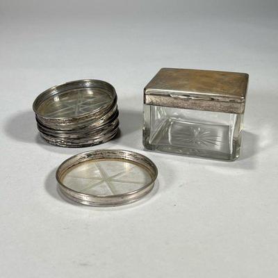(7PC) SILVER & GLASS ITEMS | Including an 800-silver lidded crystal glass box and a set of six sterling rimmed glass coasters (dia....