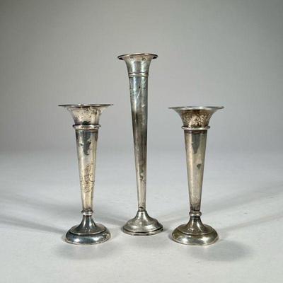 (3PC) STERLING BUD VASES | Three sterling silver bid vases with weighted buttons h closing a pair with English hallmarks and makers marks...