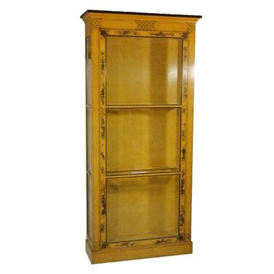 OVERSIZED CHINOISERIE PAINT DECORATED CABINET | Yellow chinoiserie glazed cabinet, electrified, having 3 interior shelves and wired for...