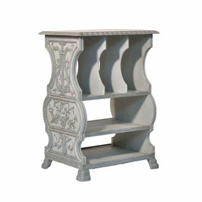 PAINTED MAGAZINE/BOOK HOLDER | Having 3 slotted compartments over 2 shelves with carved wood sides. - l. 23.5 x w. 17 x h. 33.5 in

