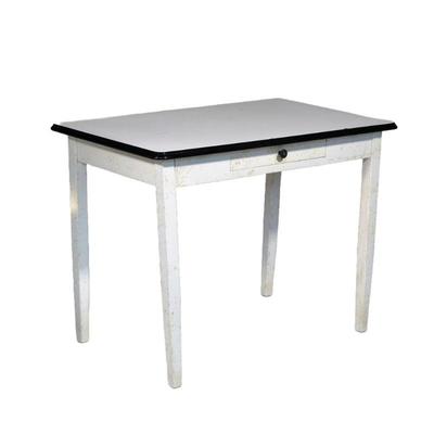 ENAMEL TOP UTILITY TABLE | White painted desk or utility table with a white enameled metal top and black border having small single...