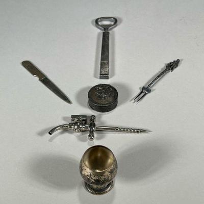 (6PC) SMALL SILVER ITEMS | Misc. sterling silver and other silver items including a Danish silver handled bottle opener, a small pocket...