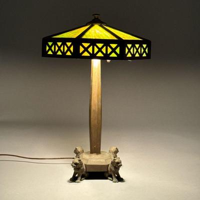 SLAG GLASS PANELED LAMP | Octagonal shade.

