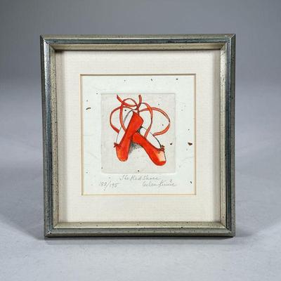 HELEN KUNIC ETCHING | The Red Shoes. Ed. 188/195, titled, pencil signed lower right. Original intaglio print / hand-colored etching, in a...