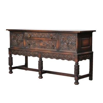 CEDAR RAPIDS "ENGLISH OAK" CARVED CONSOLE CABINET C. 1938 | Cedar Rapids Bookcase and Chair Company, Hastings Michigan Period...