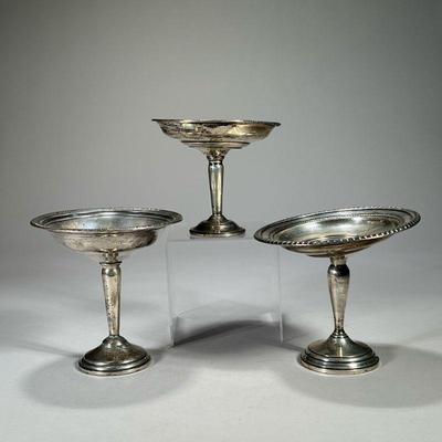 (3PC) STERLING COMPOTES | Three sterling silver compotes, each with a weighted base, all marked sterling. - h. 5.75 x dia. 7 in (largest)

