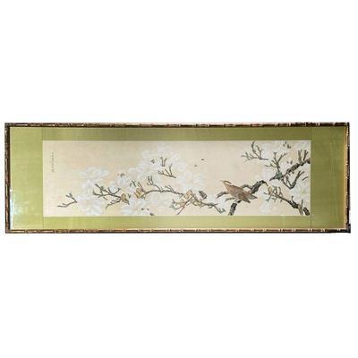 CHINESE/JAPANESE MIXED MEDIA PANTING | Depicting 2 bees and a bird among blossoming flower branches, 13 x 46 sheets. - w. 59 x h. 19 in


