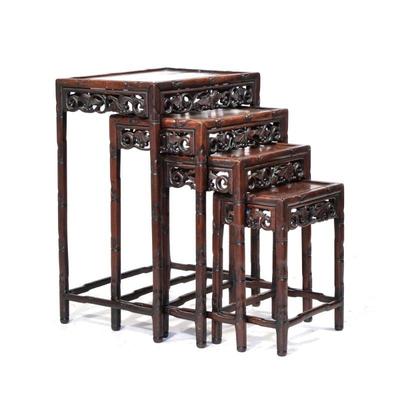 (4PC) CHINESE NESTING TABLES | Set of 4 bamboo-designed nesting tables. - l. 19.75 x w. 14 x h. 28 in

