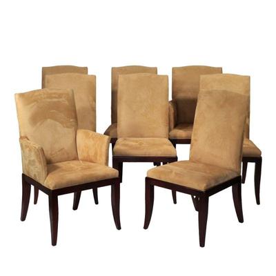 (8PC) CHELSEA MAHOGANY DINING CHAIRS | Including 2 mahogany armchairs and 6 dining chairs upholstered in champagne suede. - l. 24.75 x w....